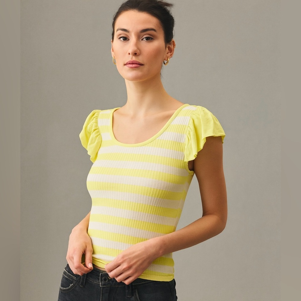 NWT Anthropologie t.la Yellow and White Flutter Cap Sleeve Ribbed Baby Tee, M